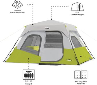 CORE 6-Person Instant Cabin Tent – Large Pop Up, 60s Setup, Organizer