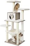 Feandrea WoodyWonders Cat Tree, Modern Cat Tower for Indoor Cats, 54.3-Inch Multi-Level Cat Condo, Ultra-Soft Plush, Scratching Posts, Hammock, Removable, Washable Cushions, Heather Greige UPCT164G01