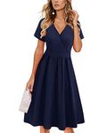 VOTEPRETTY Women's Short Sleeve V Neck Wrap Summer Dress Midi Casual Floral Sundress with Pockets(Navy,XL)