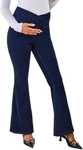 OUGES Womens Cotton Blend Stretchy V Cross High Waist Maternity Flare Jeans Bell Bottom Bootcut Jeans Pregnancy Must Haves Fall Clothes Trendy Denim Work Pants with Pockets 2025(Dark Blue,L)