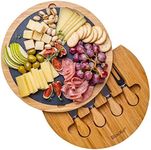 BlauKe Bamboo Cheese Board with Knife Set and Slate – 12 inch Round Charcuterie Board, Serving Tray, Platter, Wood Cheese Board Set – Gift Idea