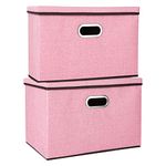 Youyijia 2 Pack Storage Boxes with Lids 45x30x30cm Large Collapsible Storage Baskets for Shelves Foldable Linen Fabric Storage Bins Cube Storage Unit for Organizing Clothes Toys(Pink)