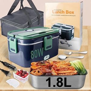 Electric Lunch Box 80W with 1.8L 304 Stainless Steel Container Food Heater 3 in 1 12/24/110-230V Portable Food Warmer Lunch Box for Car/Truck/Home, Lunch Boxes with Spork & Insulated Carry Bag