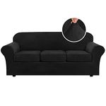 H.VERSAILTEX Modern Velvet Couch Cover 4 Piece High Stretch Sofa Slipcover Sofa Covers 3 Seater Furniture Protector Form Fit Luxury Couch Covers for 3 Cushion Couch Width Up to 90 Inch (Large,Black)