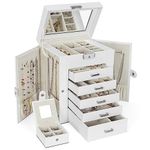 TORIBIO 2 in 1 Jewelry Box 6-Tier Leather Jewelry Organizer Case with Small Travel Case for Women Girls Ring Necklace Earring Bracelet Holder with Big Mirror White