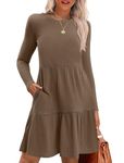 Zeagoo Womens Long Sleeve Fall Dresses with Pockets 2024 Ribbed Knit Casual Crew Neck Knee Length Sweater Dress Brown M