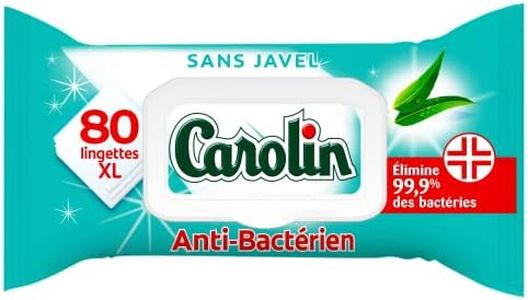 Carolin Lingettes Anti-Bactériennes à l'Huile Essentielle d'Eucalyptus, Sans Javel x80