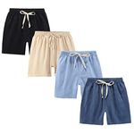 FedMois Boys' Summer Shorts Cotton, Pack of 4, Black Blue Beige and Dark Blue, 7-8 Years