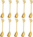 Stainless Steel Gold Leaf Coffee Spoon-AnSaw 10 Pcs Creative Tableware Dessert Spoons, Stirring, Mixing, Sugar, Stir, Ice Cream, Cake, Teaspoon Set (Gold-10Spoon)