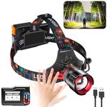 LED Headlamp USB Rechargeable, Super Bright 350000 High Lumen with 5 Modes, Motion Sensor Brightest Head Lamp Batteries Included, Waterproof Headlight for Camping Hunting Running Fishing Biking