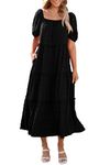 PRETTYGARDEN Summer Maxi Dresses for Women Short Sleeve Square Neck Ruffle Tiered Flowy Casual Boho Beach Long Dresses (Black,X-Large)