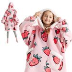 Bedsure Kids Blanket Hoodie, Strawberry Blanket Hoodies for Kids Sherpa as Gifts for Daughter Girls Boys, Kids Wearable Blanket Hoodie - Pink Strawberry