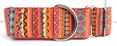 1 1/2 inch Wide Martingale Dog Collar, Orange Aztec, Lined, Adjustable, 2 Sizes (Medium 13-18")