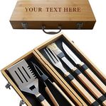 Personalized BBQ Grill Set with Wooden Box - Custom Engraved BBQ Grill Accessories - Grill Tools Gift Set for Dad - Unique BBQ Tools Kitchen Set for Husband - 5 Tools Grilling Accessories Set