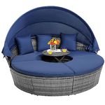HAPPYGRILL Rattan Daybed with Canopy, Outdoor Wicker Round Daybed Patio Sectional Seating with Cushions & Adjustable Side Table, Patio Furniture for Backyard Porch Poolside