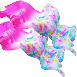KIKIGOAL 1 Pair(Left+Right) Women Real Silk Belly Dance Fan Veil, Length 180cm Width 90cm (Colorful pink)