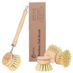 Bamboo Dish Brush with Handle - Soft Bristle, Non Toxic Dish Scrubber Compostable & Sustainable Bamboo Cleaning Brush for Dishes, Pots and Pans