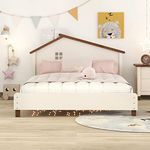 Merax Platform Bed Full Size, Wood Full Platform Bed Frame with House-Shaped Headboard, No Box Spring Needed, Cream+Walnut