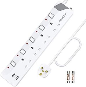 PIBEEX Extension Lead with 4 Way Plug Sockets, 13A, Individual Switches, 2 USB Ports, 2M Extension Cord, 3250W Power Strips for Mounting