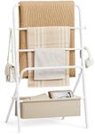 VASAGLE Freestanding Towel Rack, Foldable Blanket Holder, Towel Holder with 4 Hooks, Fabric Basket, 39 Inches High, for Bedroom, Living Room, Bathroom, Pearl White and Camel Brown ULLS020W01