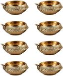 (8) - Hashcart Handmade (Set of 8) Indian Puja Brass Oil Lamp - Golden Diya Lamp Engraved Design Dia - 6.4cm