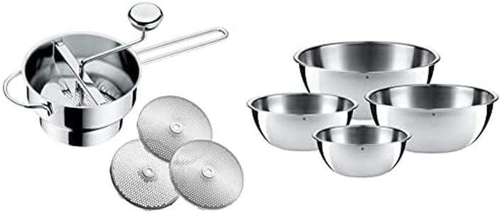 WMF Passiermühle Ø 19cm Cromargan Edelstahl rostfrei rostfrei zerlegbar 3 verschiedene Einsätze & Schüssel-Set Gourmet für die Küche 4-teilig Edelstahl Cromargan Multifunktional als Rührschüssel