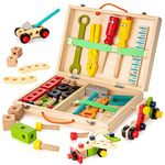 KIDWILL Tool Kit for Kids, Wooden Tool Box with Colorful Wooden Tools, Building Toy Set Creative DIY Educational Construction Toy, for Toddlers 3 Year Old and Up