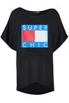 Fashion Star Women Printed Round Neck Baggy High Low T Shirt Super Chic Black Plus Size (UK 16/18)