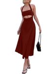 TIVANTE Women's Solid Halter Neck Cut Out Midi & Maxi Dresses for Women | One Piece for Women | Western Dress for Women (Medium, Maroon)