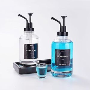 Molimoli Hand Bathroom Soap Dispenser Set, Glass Mouthwash Dispenser for Bathroom, Dish Soap Dispenser for Kitchen Sink, Soap Dispenser Pump, 500ml/16.9 Oz, Set of 2, Black