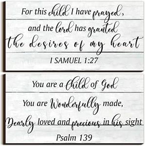 2 Pcs Wood Nursery Wall Decor for Girls Boys Baby Girl Room Decor for Nursery Christian Nursery Wall Art This Child I Have Prayed Bible Quote Wall Hanging Sign for Kids Home 12 x 6 Inch (Retro)