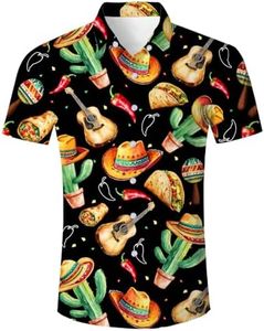 Fanient Men's Shirts Short Sleeve Button-Up Shirt Casual Vibrant Mexican Fiesta Sombrero Cactus Guitar Print Summer Shirt XL