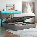 Loomie Queen Lift Up Bed Frame with Charging Station & LED Lights, Upholstered Bed with Button Tufted Wingback Storage Headboard, Hydraulic Storage, No Box Spring Needed, Wood Slats Support,Light Grey