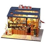 SYW Miniature Dollhouse with Furniture and LED Lights, Japanese Model Kit Wooden Dollhouse, 1:24 Scale Wooden Handmade Building Model Puzzle Toy(Sushi Shop)