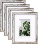 Egofine 8x10 Picture Frame Made of Solid Wood Covered by Plexiglass Set of 4, Display Pictures 4x6/5x7 with Mat or 8x10 Without Mat for Table Top Display and Wall Mounting Photo Frame, Rustic White