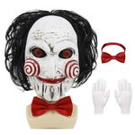 Oumbivil Saw Billy Costume Mask Adult Horror Movie Full Head Latex Mask with Hair Scary Halloween Costumes Clown Puppet Cosplay with Red Bow Tie and Gloves Party Masquerade Props