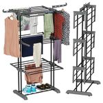 TEX-RO Metal Clothes Drying Stand Foldable with Wheels – 3-Tier Cloth Dryer Stand for Balcony, Bedroom & Indoor Outdoor | Heavy Duty Hanger Stand for Clothes Hanging, Dress Drying Rack - Grey