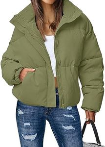 MEROKEETY Women's Oversized Long Sleeve Puffy Jacket Zip Up Stand Collar Short Coat Outerwear, Peagreen, S