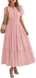 BTFBM Womens Summer 2026 Casual Midi Maxi Dresses Lightweight Short Sleeve V Neck Elastic Waist Boho Beach Dress Pockets(Bean Paste Pink, Medium)