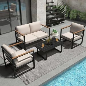 GarveeLife 4 Piece Metal Outdoor Conversation Set with Thick Cushions, All Weather Patio Furniture Set with Coffee Table, Loveseat, and 2 Chairs for Backyard, Balcony, Black and Beige