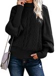 Women's Turtle Neck Lantern Sleeve Chunky Cable Oversized Sweater Top - Black - Large