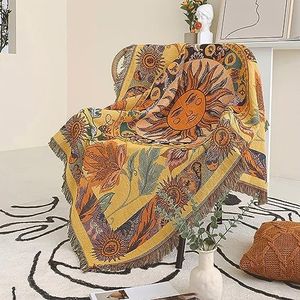 ShesYuki Boho Throw Blanket Reversible Cotton Bohemian Tapestry Hippie Room Decor Outdoor Blanket Double Sided (National Sun Pattern Yellow 50"x60")