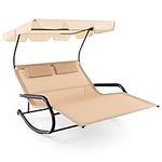 COSTWAY Double Rocking Sun Lounger, 2-Person Outdoor Chaise Lounge with Adjustable Canopy, 2 Headrest Pillows and Wheels, Ergonomic Swing Rocking Seat Bed for Garden Backyard Poolside