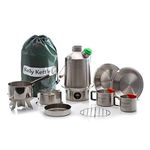 Kelly Kettle® - Ultimate 'Scout' Kit. VALUE DEAL | Includes 1.2 ltr Stainless Steel Camping Kettle +Cook Set +Hobo Stove +2 Cups +2 Plates +Base Support | Fuel with Sticks to Boil Water & Cook Fast