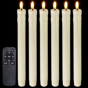 3RuiLight Real Wax Flameless Taper Candles with Remote Timer 9.6” Tall Long Flicking Battery Operated Electric LED Candlesticks Window Candles for Wedding Halloween Christmas Decorations 6 Pack Ivory