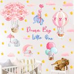 Baby Girl Nursery Wall Decals Dream Big Little One Stickers Pink Elephant Decals Baby Bedroom Wall Decor Flower Hot Air Balloon Wall Sticker Stars Decals for Children Room Playroom Art Home Decoration