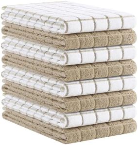 Kitinjoy Premium Kitchen Towels (16"x 28", 8 Pack), Large 100% Cotton Terry 390 GSM Kitchen Hand Towels, Ultra Absorbent Check Design Tea Towels Set with Hanging Loop, Tan