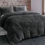 YORKSHIRE HOMEWARE Long Fluffy Teddy Duvet Cover Sets,Pillow Case Hug And Snug Fleece Faux Fur Easy Quilt Bedding (Charcoal, Double)