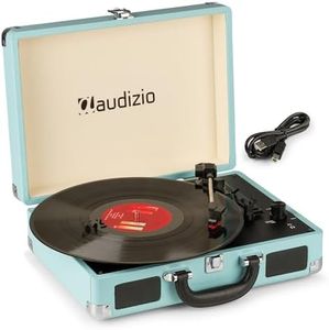 Audizio Turntable Briefcase Record Player | USB Retro Record Players for Vinyl with Speakers | 3 Speeds | Convert Retro Vinyl to mp3 via USB | RCA Output/AUX 3.5mm (Blue)