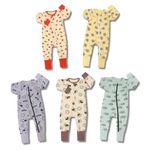 KaWaii Baby Pack of 5 Cotton Bodysuits, Fold-Over Hand Mitten & Feet Cuffs 2-Way Zipper Sleep and Play Rompers Unisex - 6-9 Months